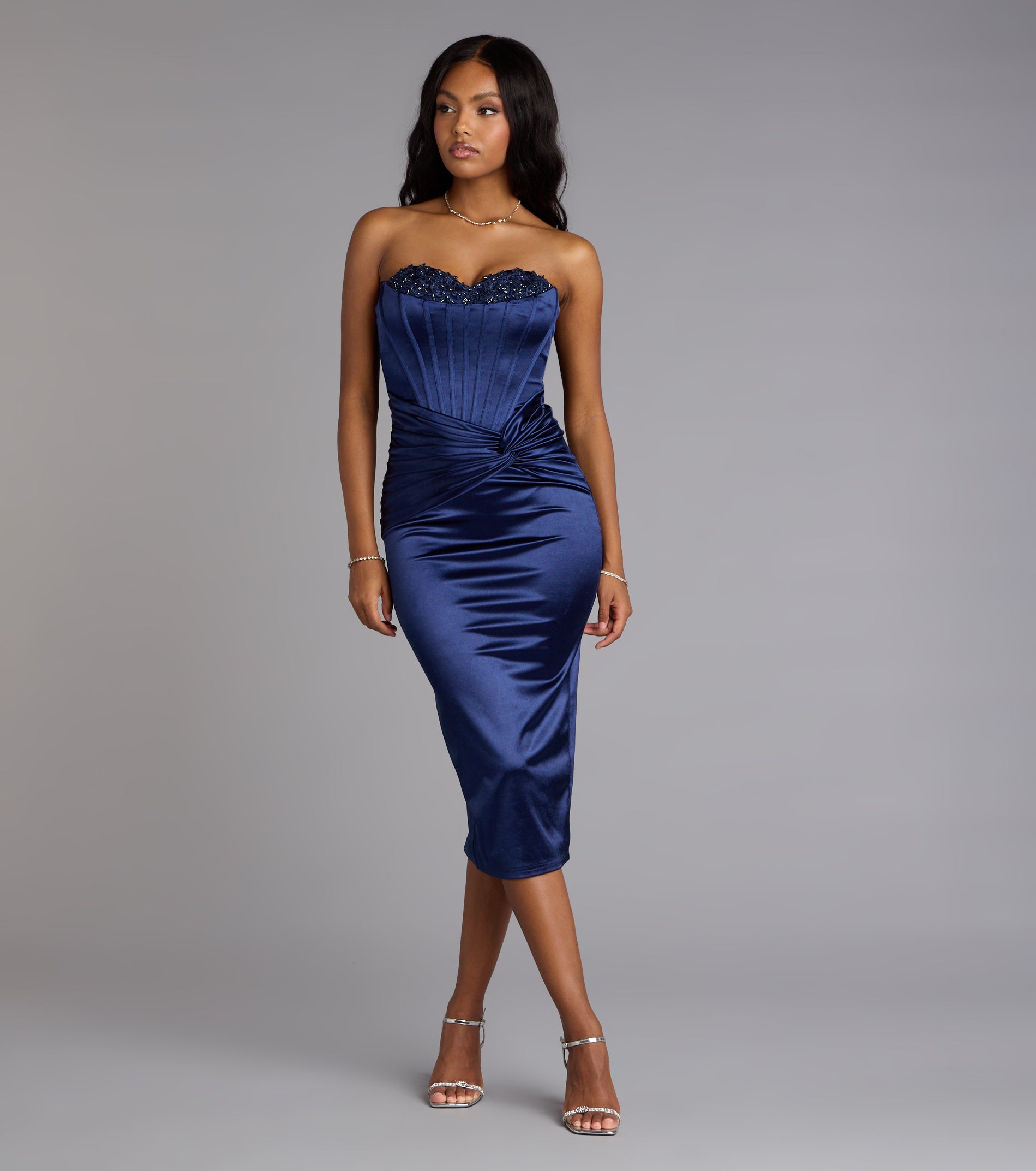 Christy Satin Lace-Up Bustier Midi Formal Dress