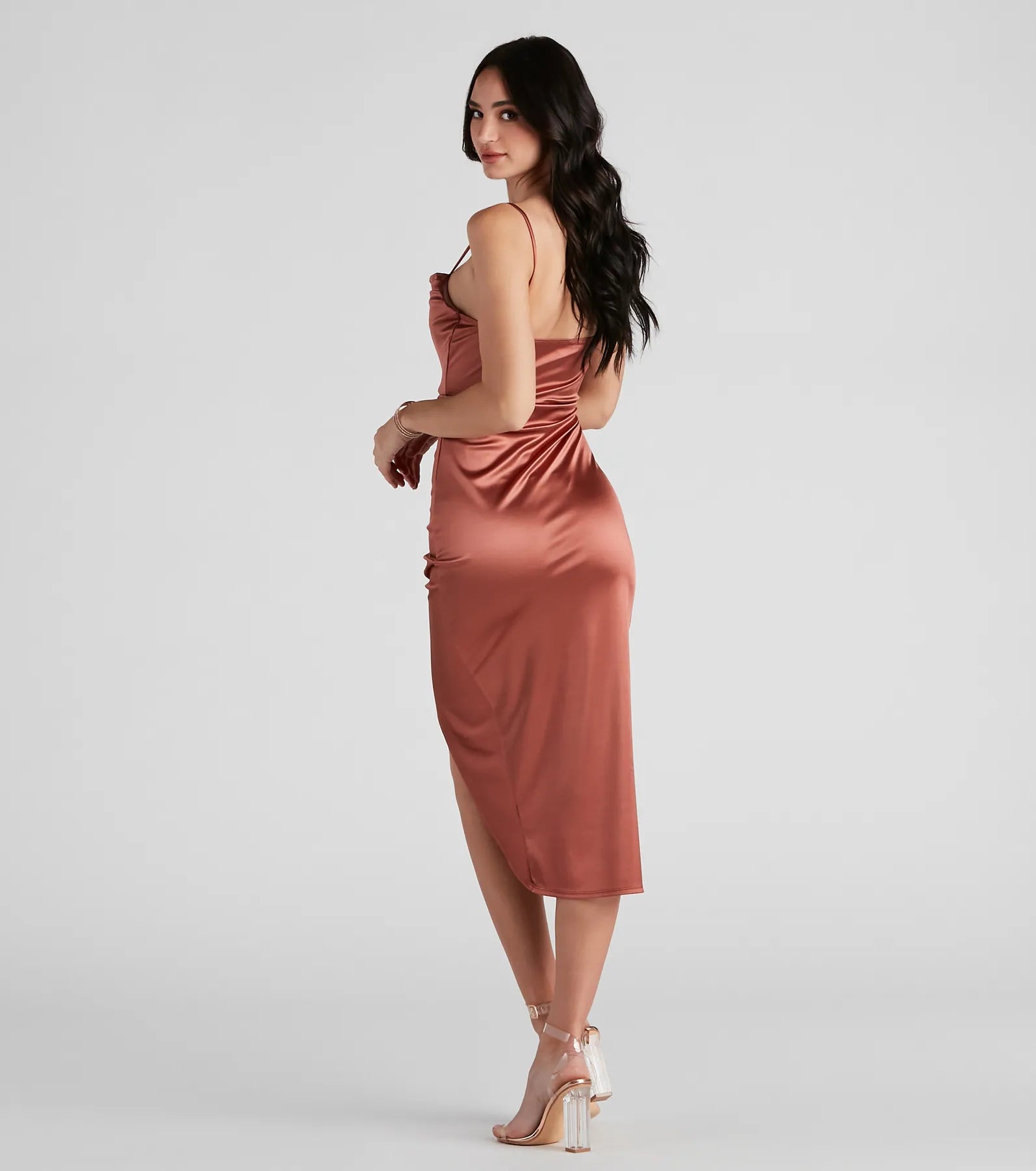Bre Satin Ruched Midi Dress