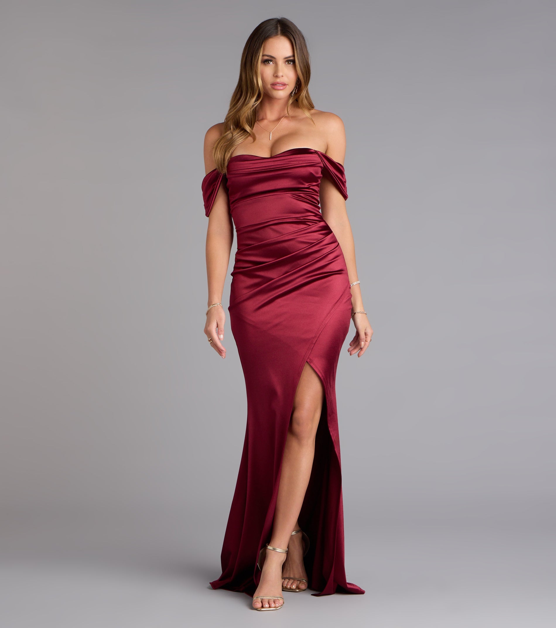 Belinda Off-The-Shoulder Slit Satin Formal Dress