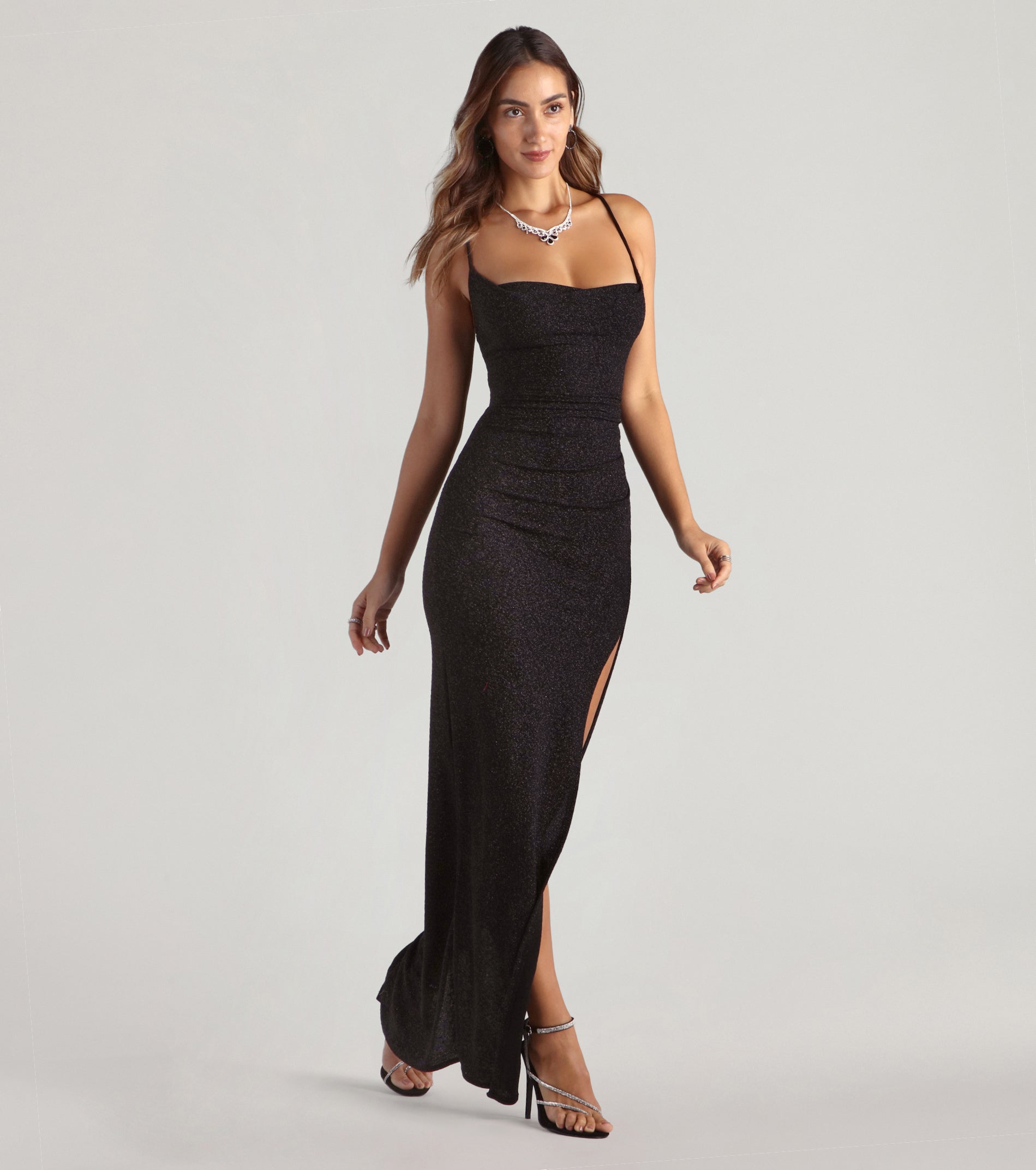 Amirah Formal Glitter Cowl Neck Column Dress