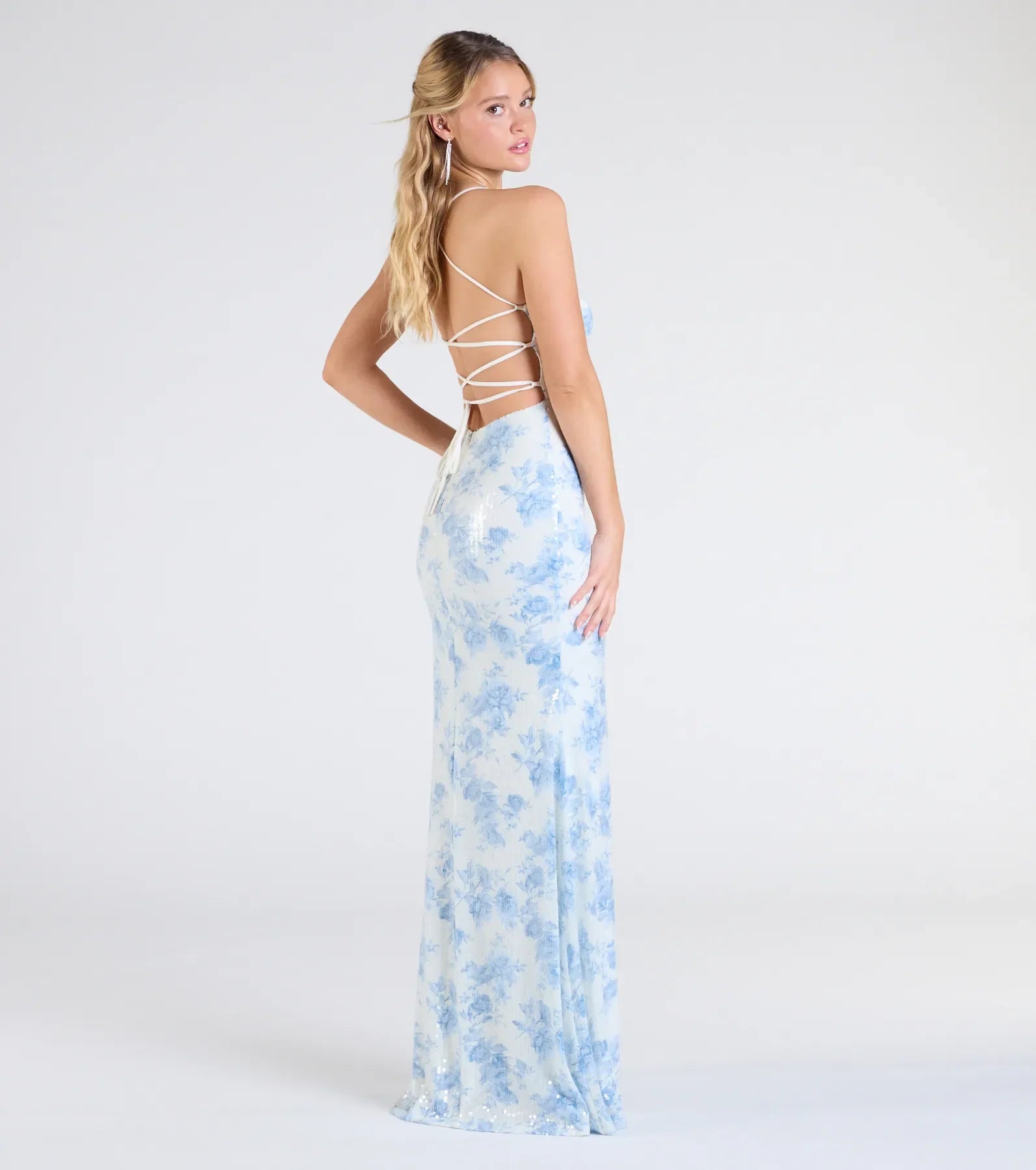 Nala Lace-Up Floral Sequin Formal Dress