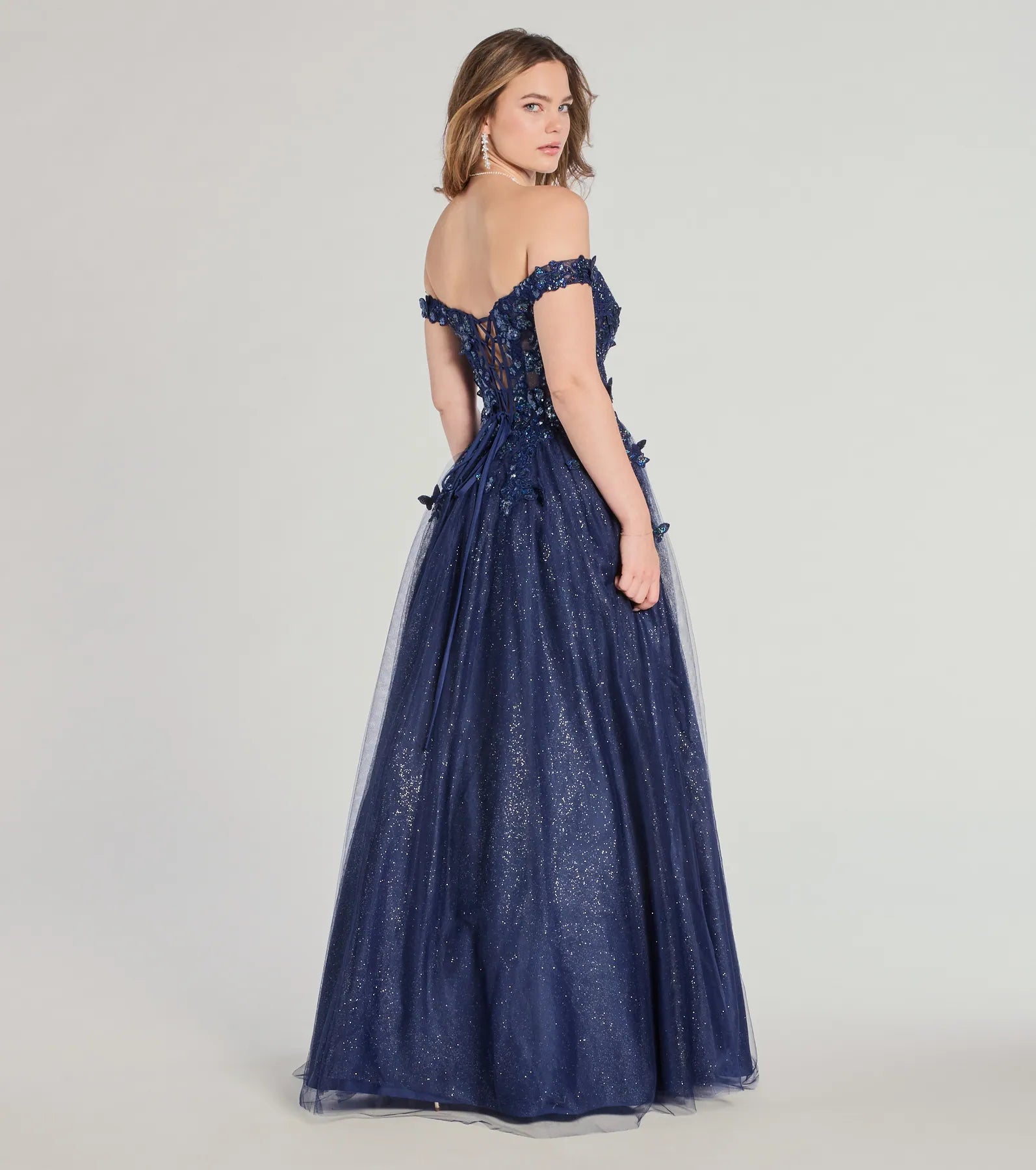 Sofia Off-The-Shoulder Corset Lace-Up Glitter Ball Gown