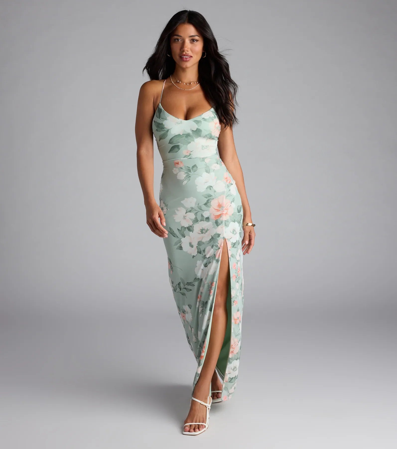 Laced-Up Masterpiece Floral Slit Maxi Dress