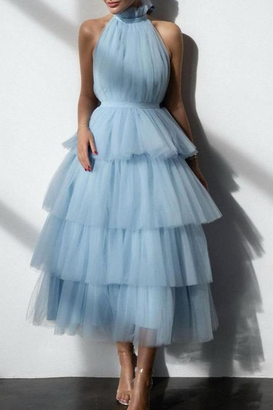 Blue Tiered Ruffle Mesh Party Dress