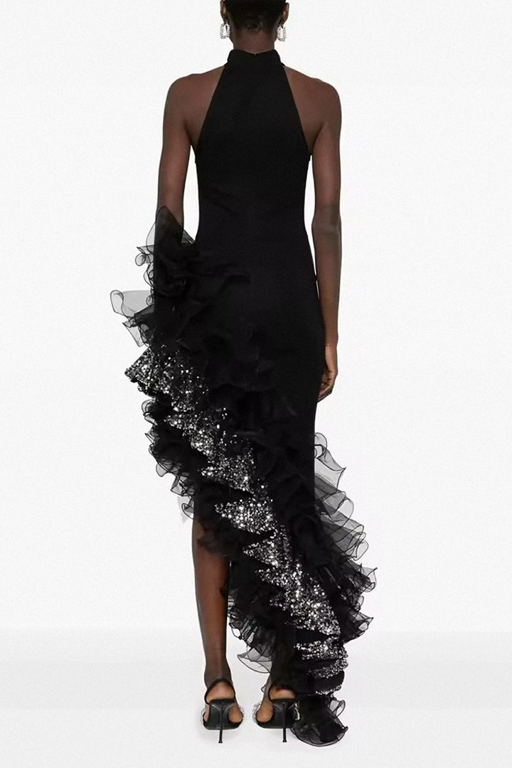 Black Ruffled Mesh Asymmetrical Party Dress