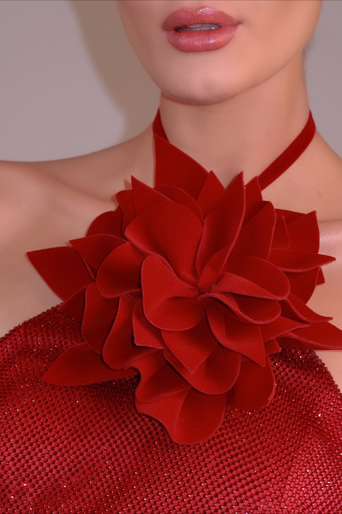 3D Flower Halter Fitted Waist Rhinestone Party Dress