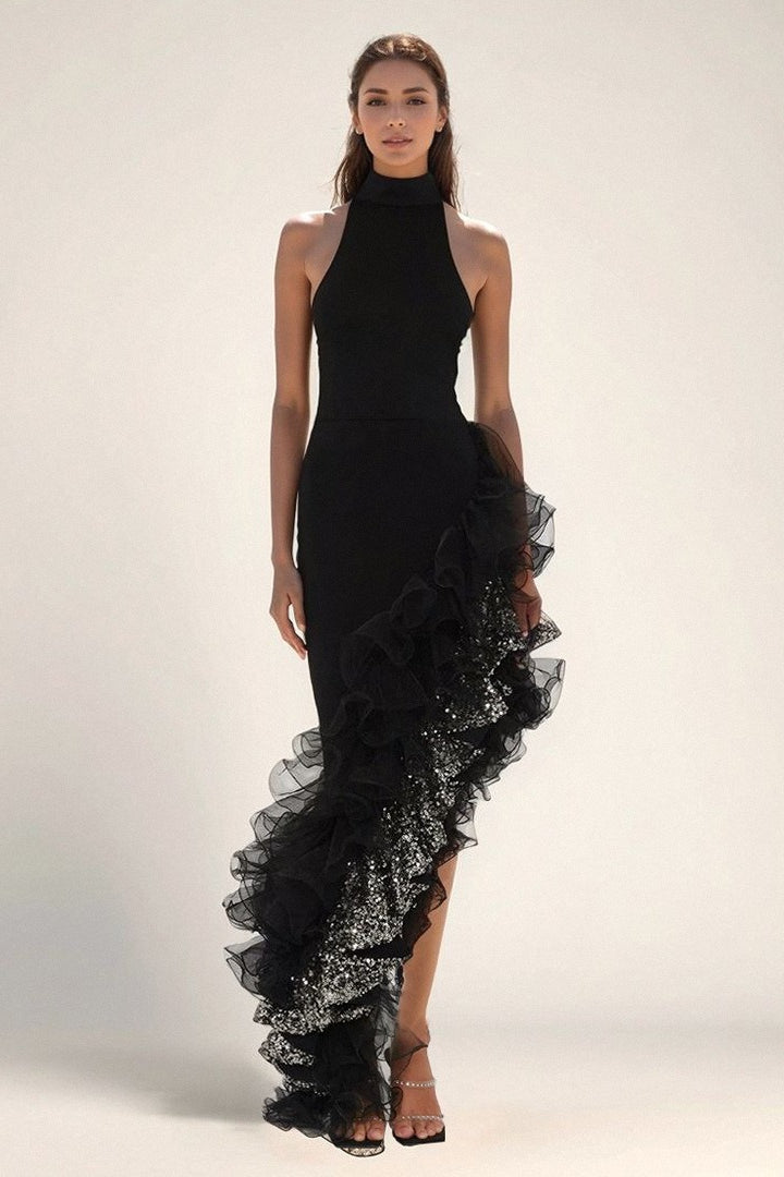 Black Ruffled Mesh Asymmetrical Party Dress