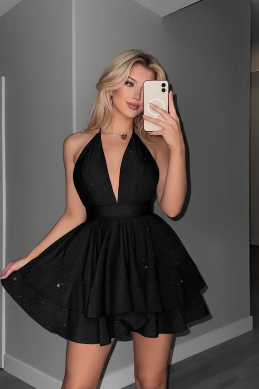 Pink Deep V-Neck Ruffle Dress