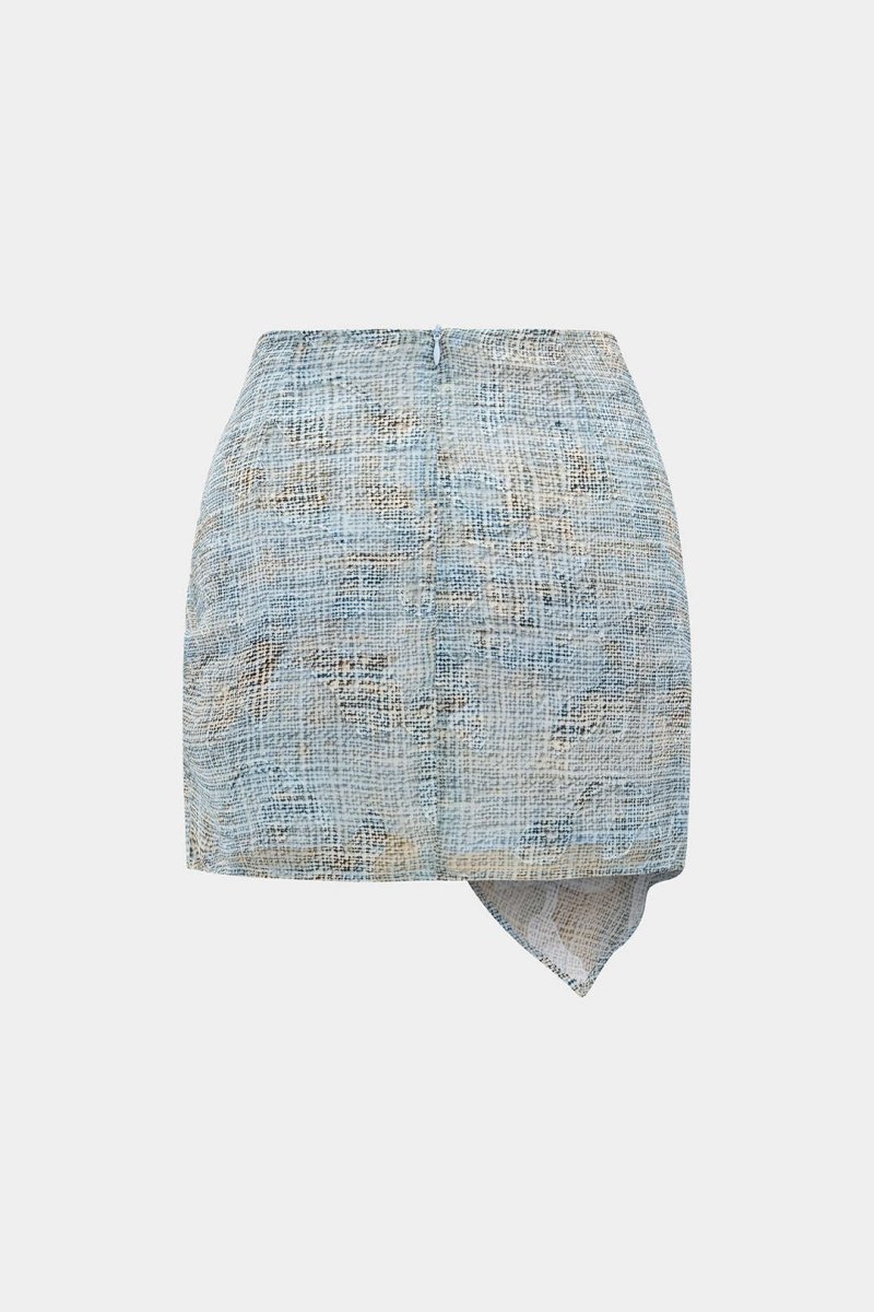 Abstract Pattern Chiffon Zipper Metallic Sea Shell Decor Ruched Skirt - MISMIMCWBK2505200014-BABY BLUE-XS