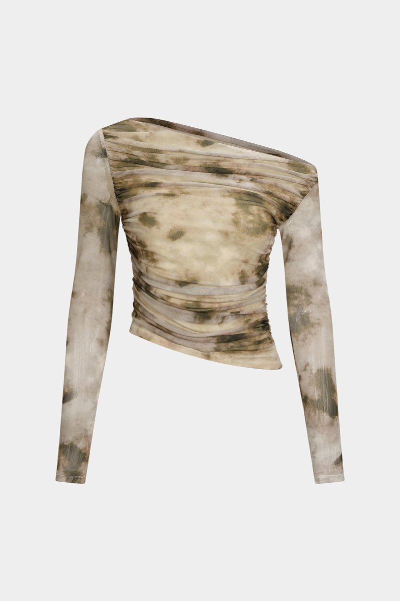 Abstract Print Mesh Off Shoulder Ruched Asymmetrical Long - Sleeve Top - MISMIMCWTU2508010027-TAN-XS