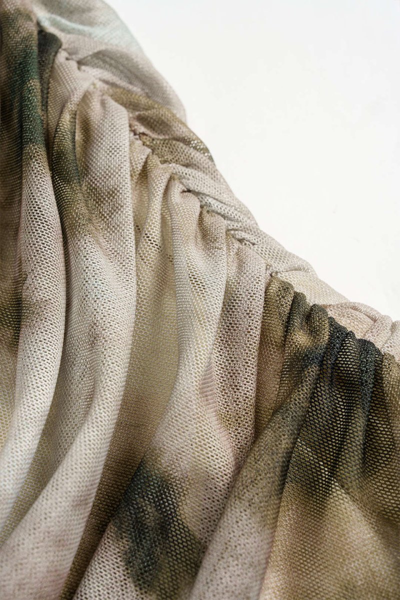 Abstract Print Mesh Off Shoulder Ruched Asymmetrical Long - Sleeve Top - MISMIMCWTU2508010027-TAN-XS