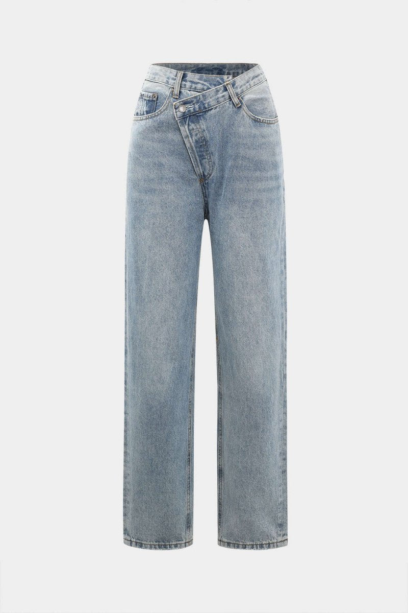 Asymmetric Waist Straight Leg Jeans - MISMIMCWNJ2212270022-LIGHT WASH BLUE-XXS