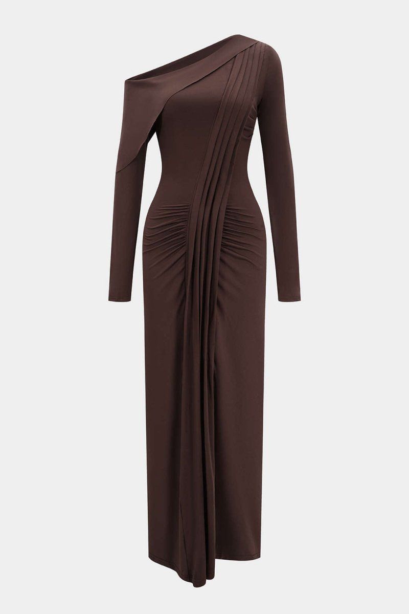 Asymmetrical Neck Ruched Long - Sleeve Maxi Dress - MISMIMCWDA2507210053-COFFEE-XS