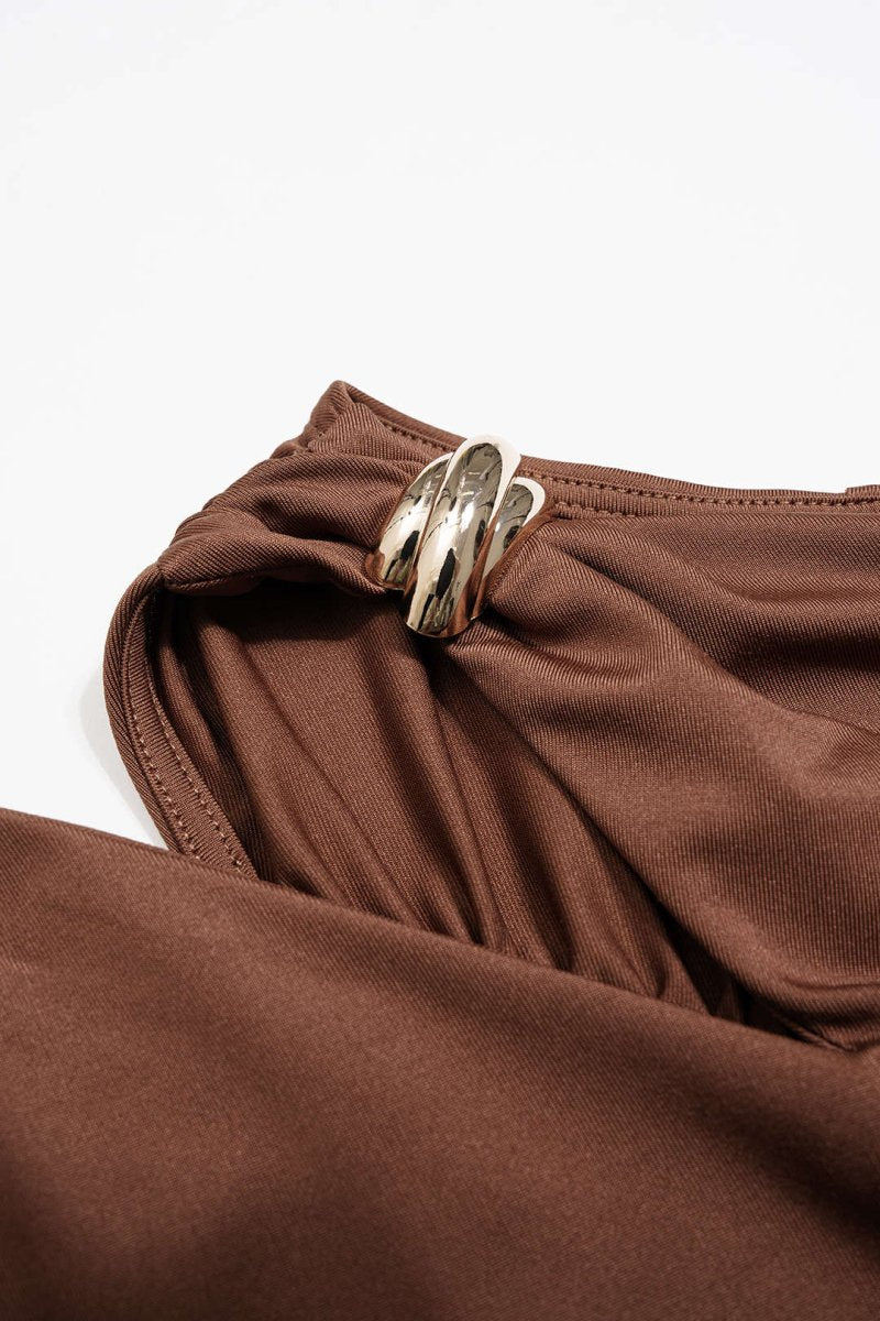 Asymmetrical Neck Ruched Long Sleeve Mini Dress - MISMIMCWDA2507230311-COFFEE-XS