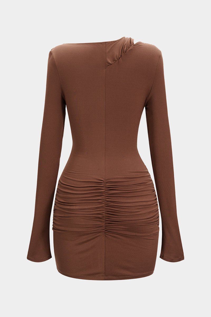 Asymmetrical Neck Ruched Long Sleeve Mini Dress - MISMIMCWDA2507230311-COFFEE-XS