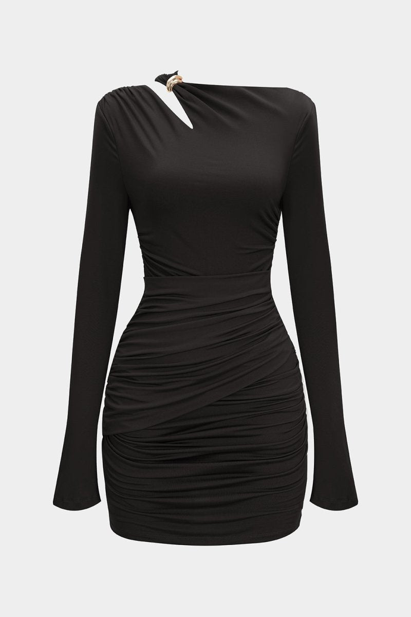 Asymmetrical Neck Ruched Long Sleeve Mini Dress - MISMIMCWDA2507230311-BLACK-XS