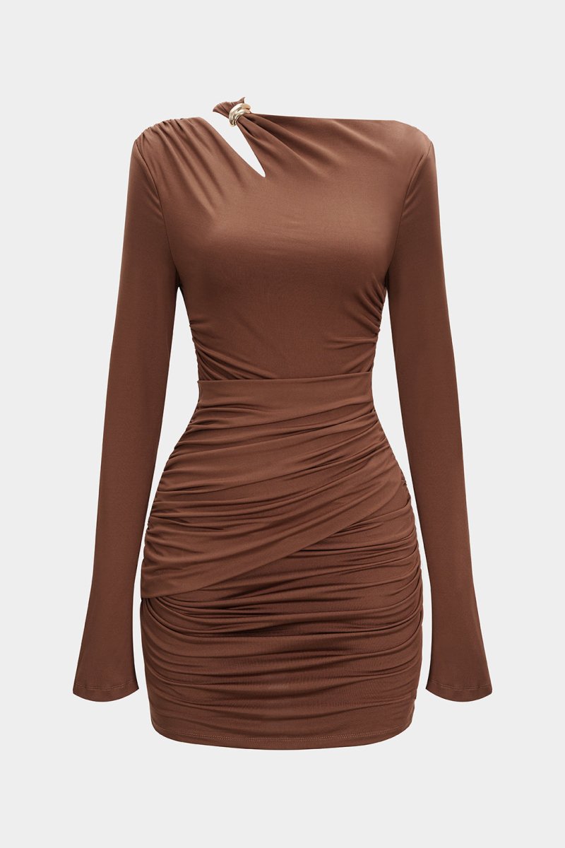 Asymmetrical Neck Ruched Long Sleeve Mini Dress - MISMIMCWDA2507230311-COFFEE-XS