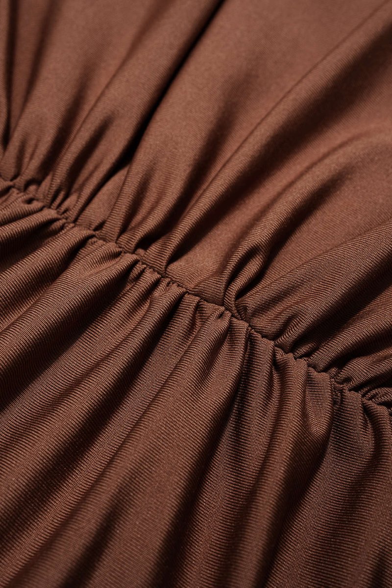 Asymmetrical Neck Ruched Long Sleeve Mini Dress - MISMIMCWDA2507230311-COFFEE-XS