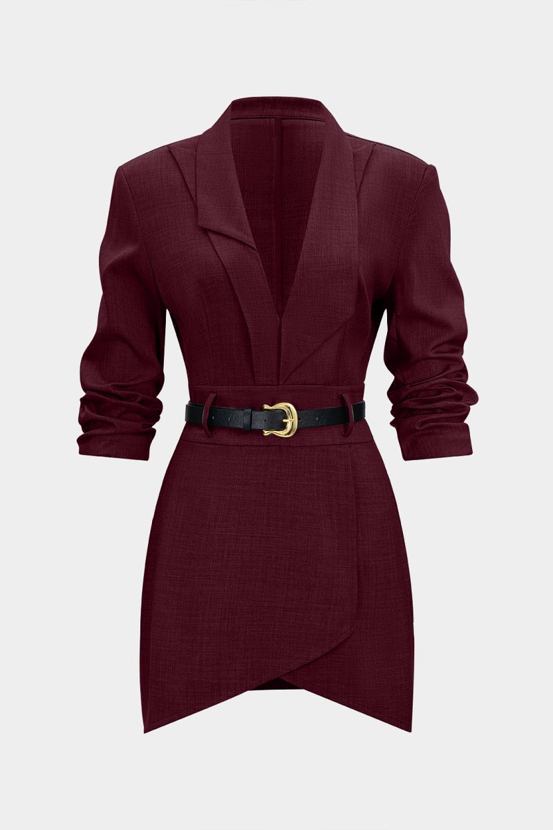 Asymmetrical Notched Lapel Belted Long Sleeve Mini Dress - MISMIMCWDC2510140044-BURGUNDY-XS