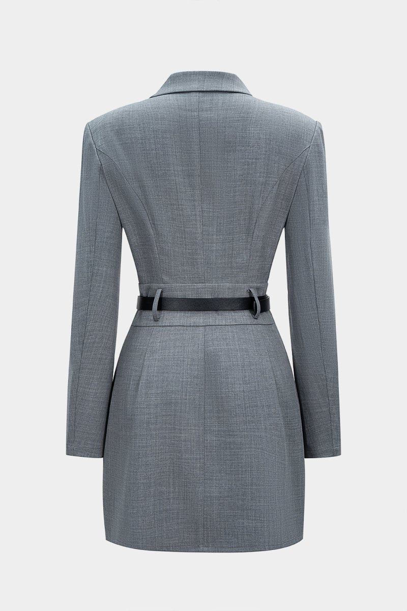 Asymmetrical Notched Lapel Belted Long Sleeve Mini Dress - MISMIMCWDC2510140044-GRAY MELANGE-XS