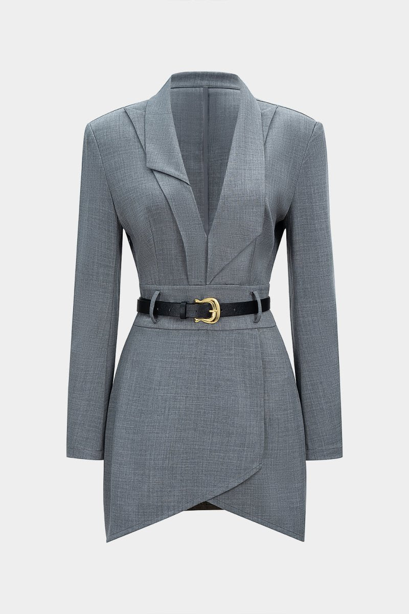 Asymmetrical Notched Lapel Belted Long Sleeve Mini Dress - MISMIMCWDC2510140044-GRAY MELANGE-XS