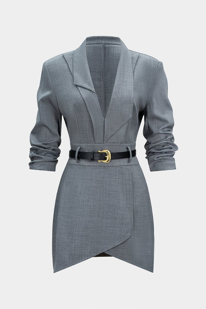 Asymmetrical Notched Lapel Belted Long Sleeve Mini Dress - MISMIMCWDC2510140044-GRAY MELANGE-XS