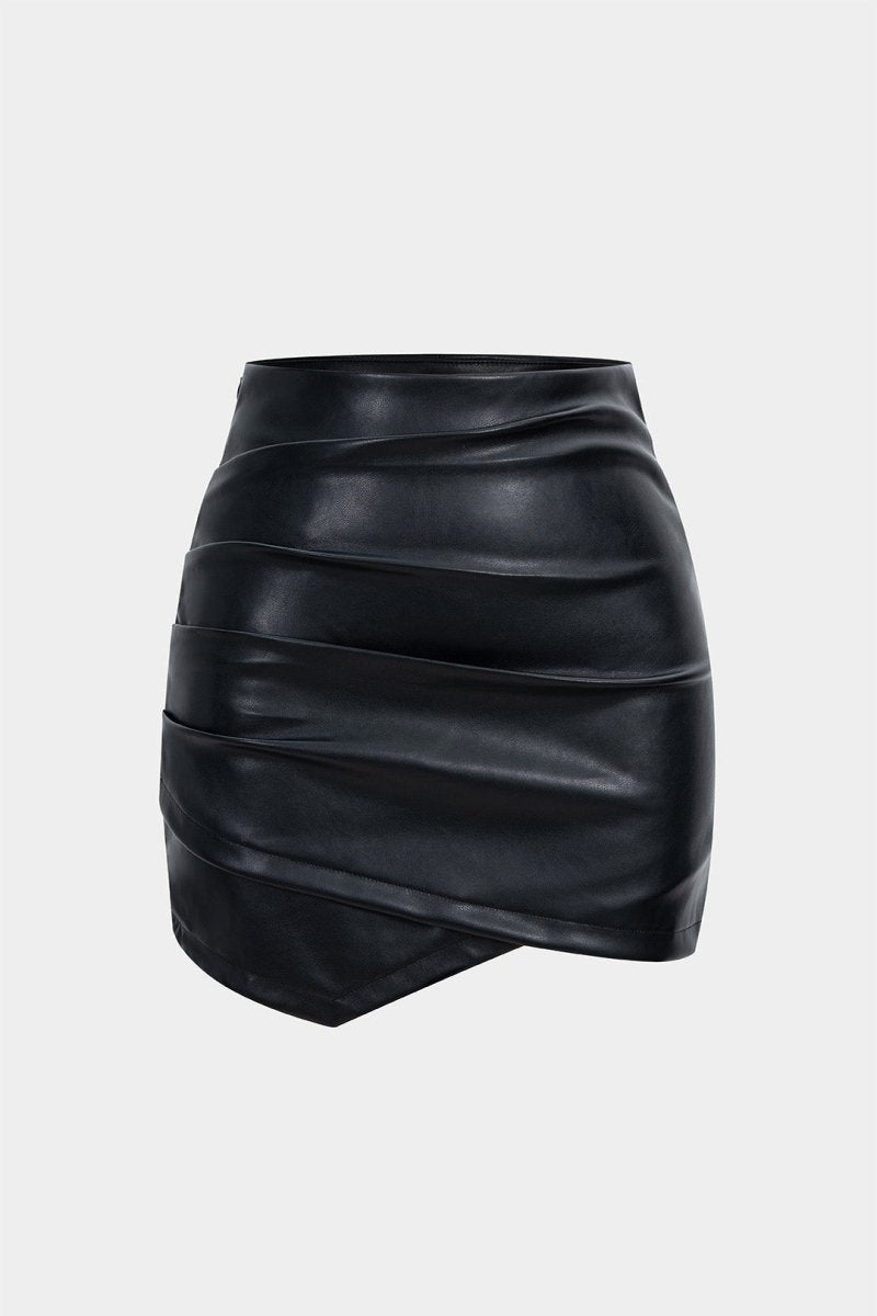 Asymmetrical Ruched Faux Leather Mini Skirt - MISMIMCWBK2209300013-BLACK-XXS