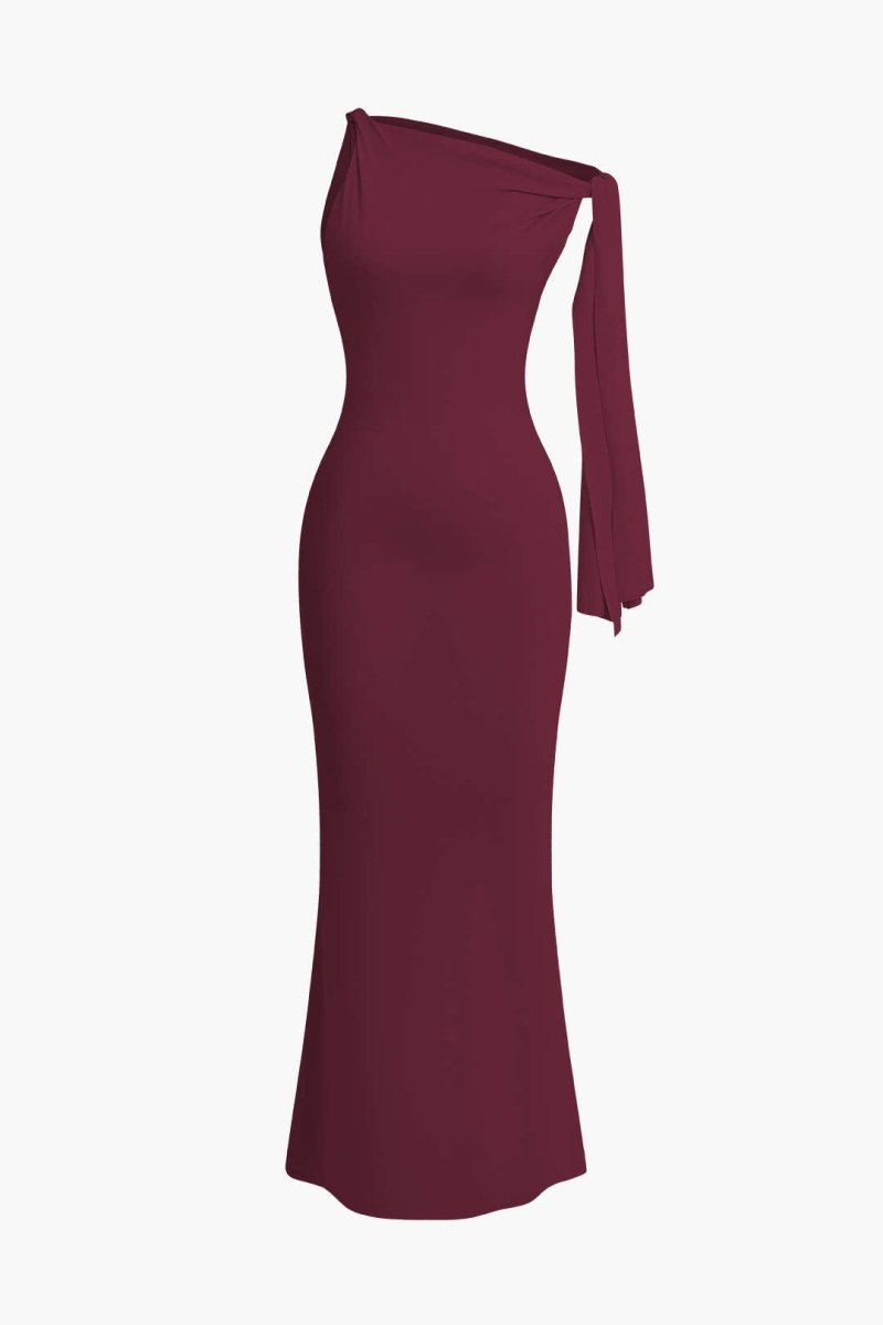 Asymmetrical Twist Knot Mermaid Maxi Dress - MISMIMCWDA2404030144-MAROON-XS