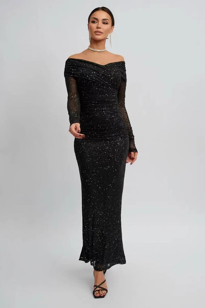 Strapless Mesh Long Sleeve Maxi Party Dress