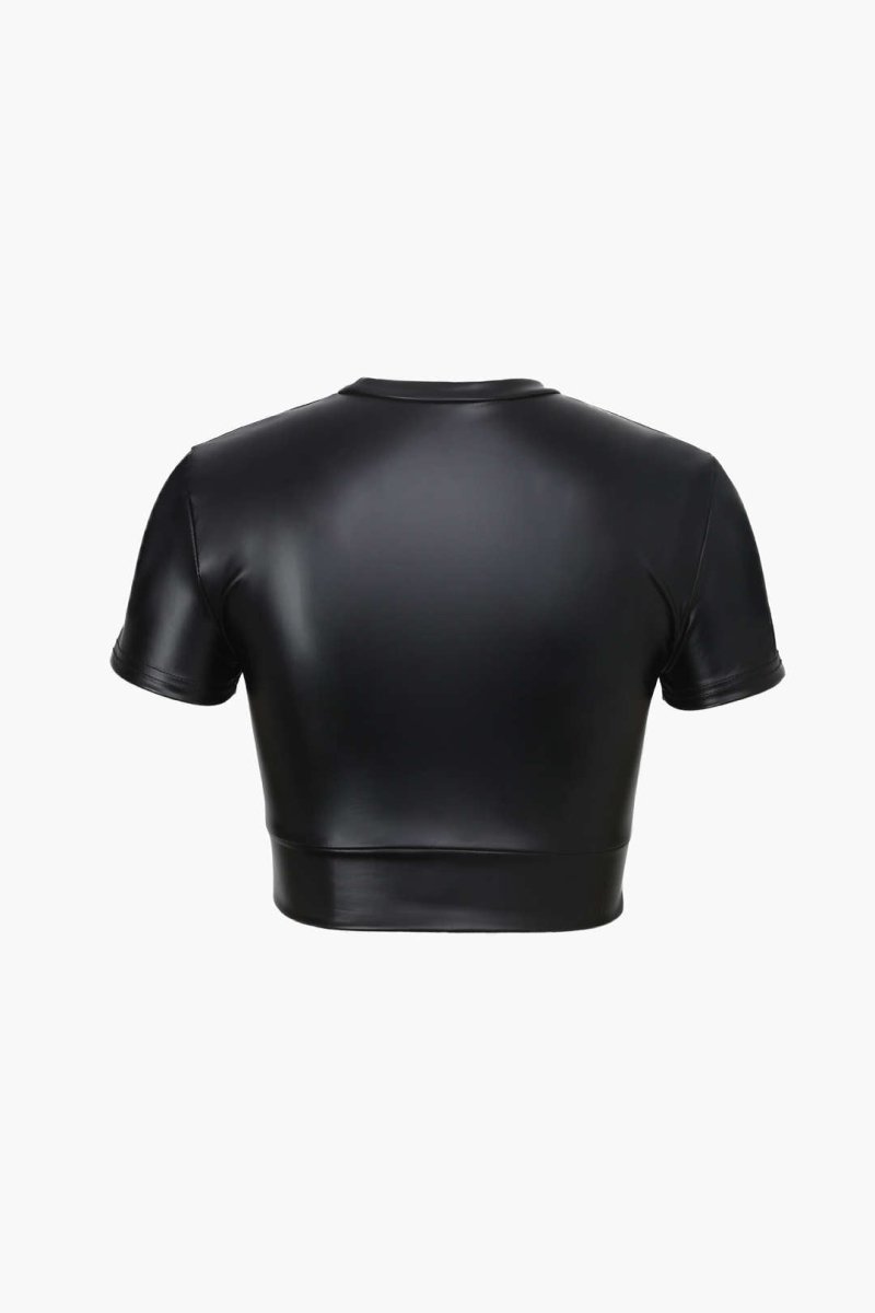 Basic Faux Leather Cropped Tee - MISMIMCWTS2209150004-BROWN-XS