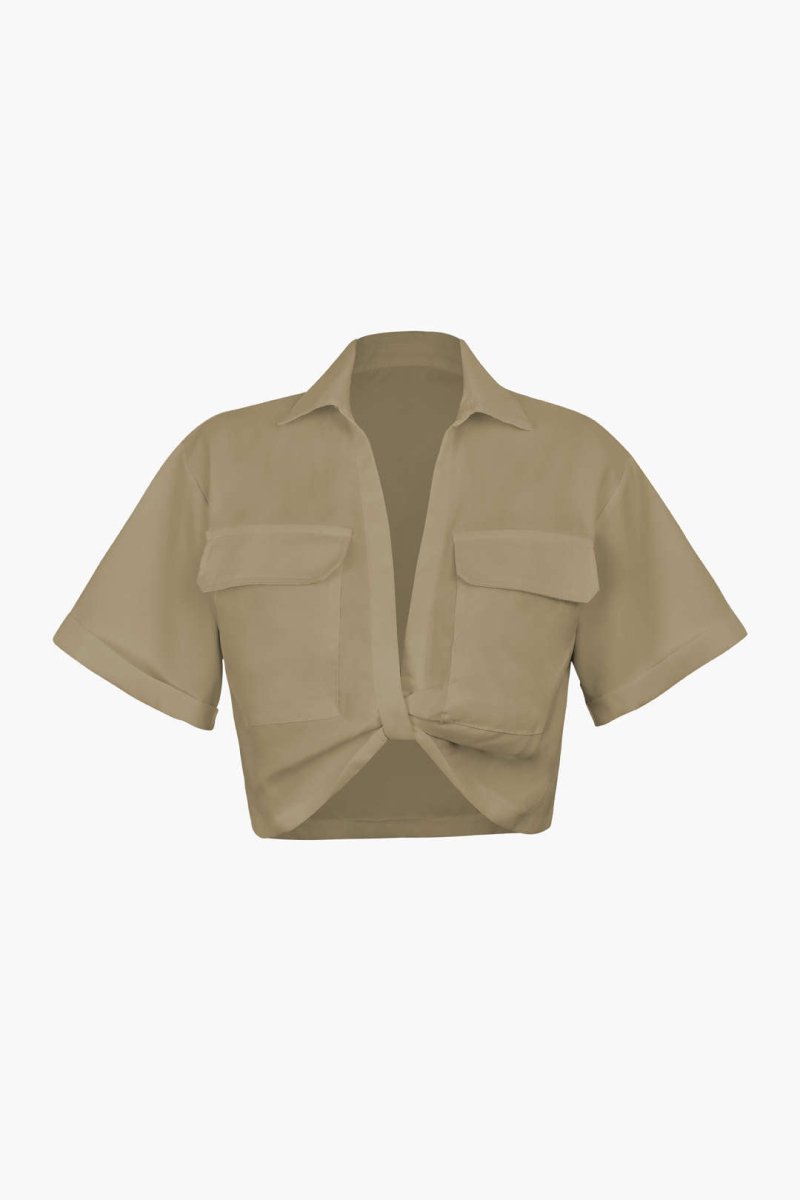 Basic Flap Pocket Twist Hem Shirt - MISMIMCWTB2206240001-KHAKI-XS