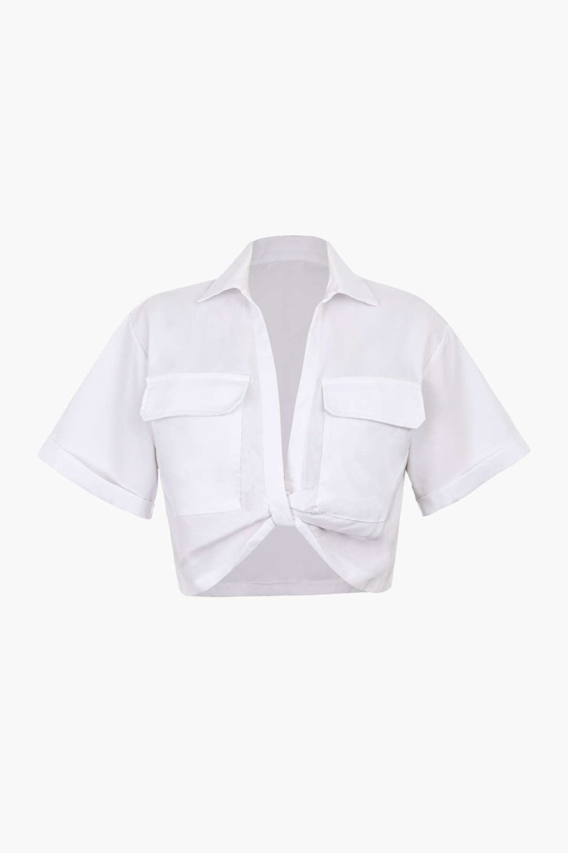 Basic Flap Pocket Twist Hem Shirt - MISMIMCWTB2206240001-WHITE-XXS