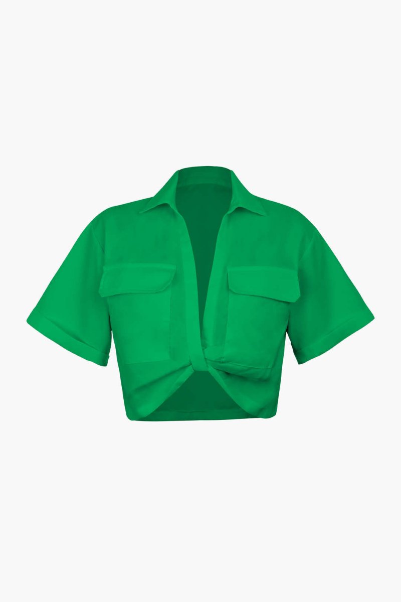 Basic Flap Pocket Twist Hem Shirt - MISMIMCWTB2206240001-GREEN-XS