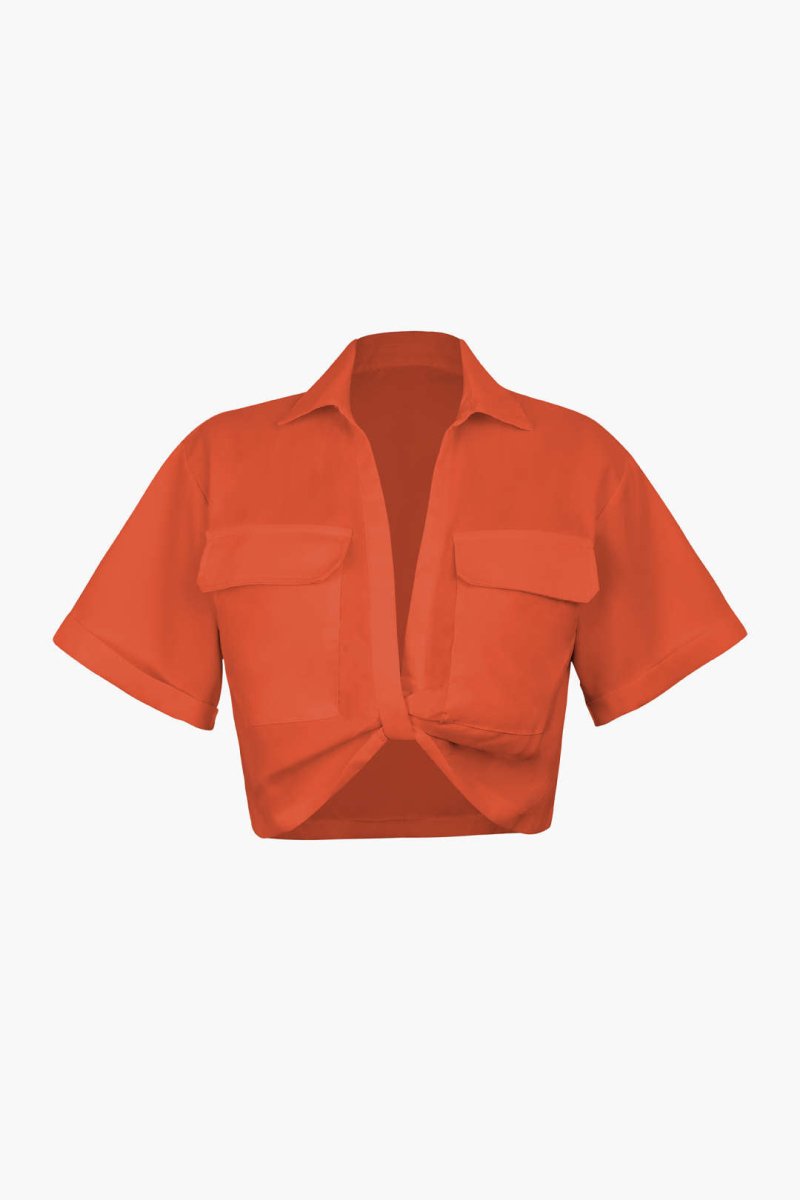 Basic Flap Pocket Twist Hem Shirt - MISMIMCWTB2206240001-ORANGE-XS
