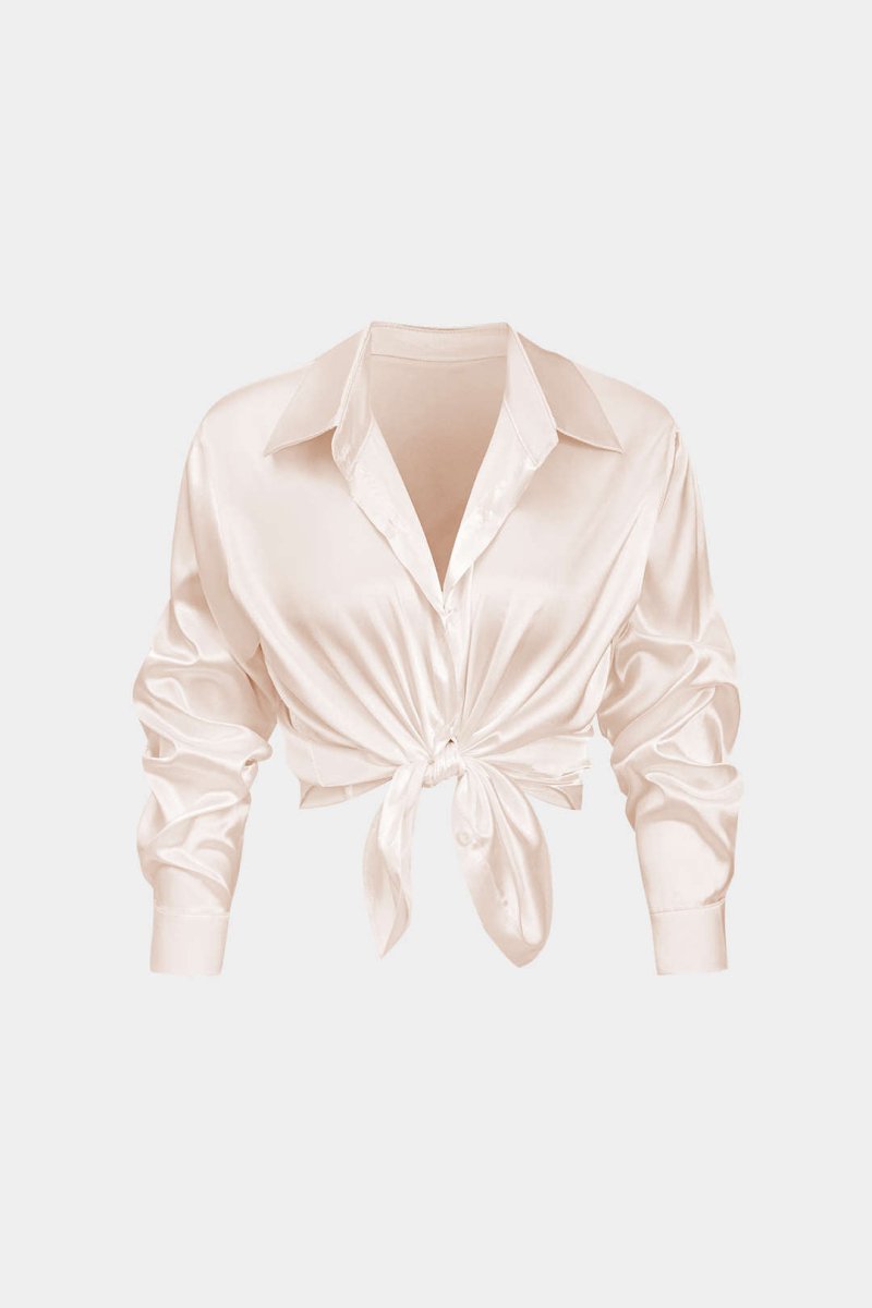 Basic Solid Satin Long - Sleeve Shirt - MISMIMCWTE2408050010-CHAMPAGNE BEIGE-S