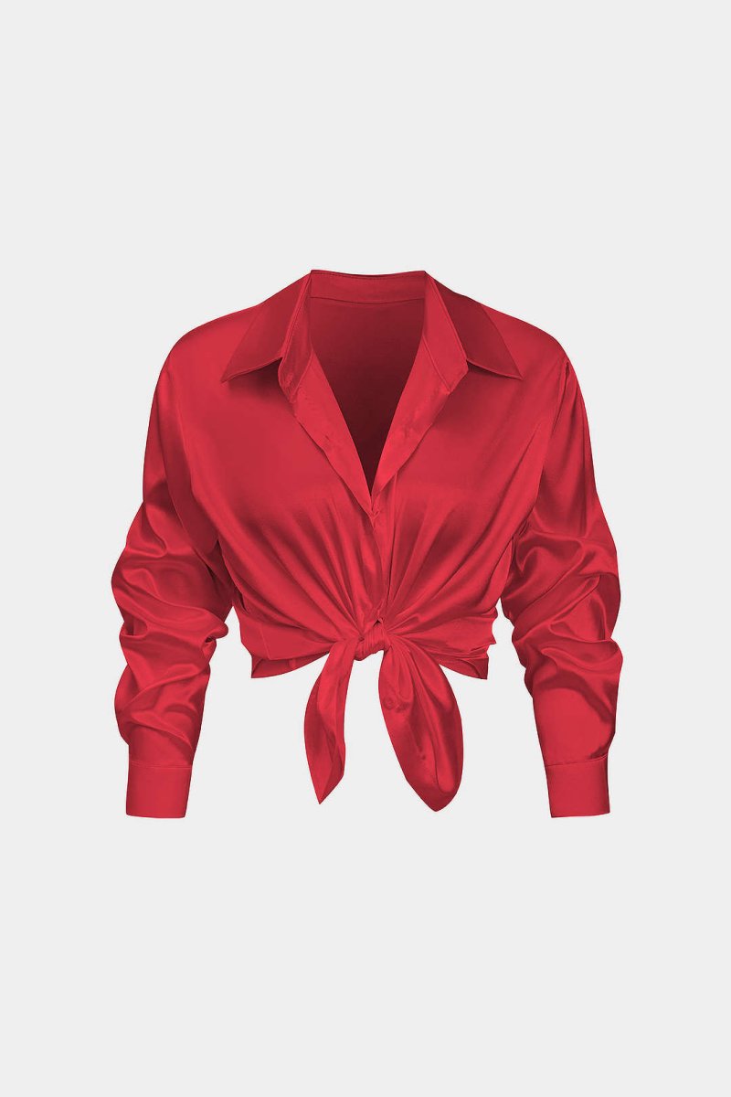 Basic Solid Satin Long - Sleeve Shirt - MISMIMCWTE2408050010-RED-S