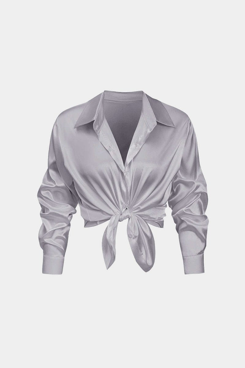 Basic Solid Satin Long - Sleeve Shirt - MISMIMCWTE2408050010-GRAY-S