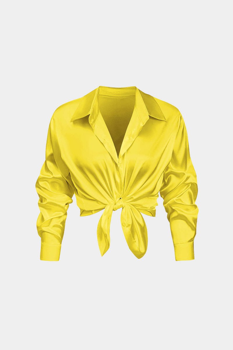 Basic Solid Satin Long - Sleeve Shirt - MISMIMCWTE2408050010-LEMON-S