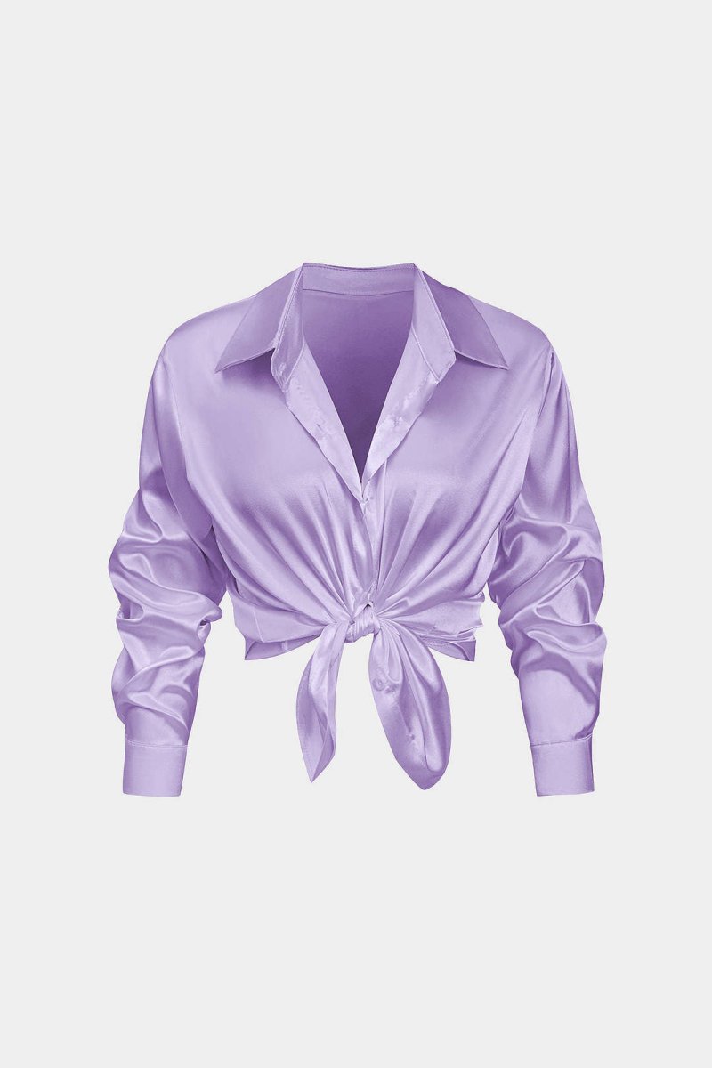 Basic Solid Satin Long - Sleeve Shirt - MISMIMCWTE2408050010-LAVENDER-S