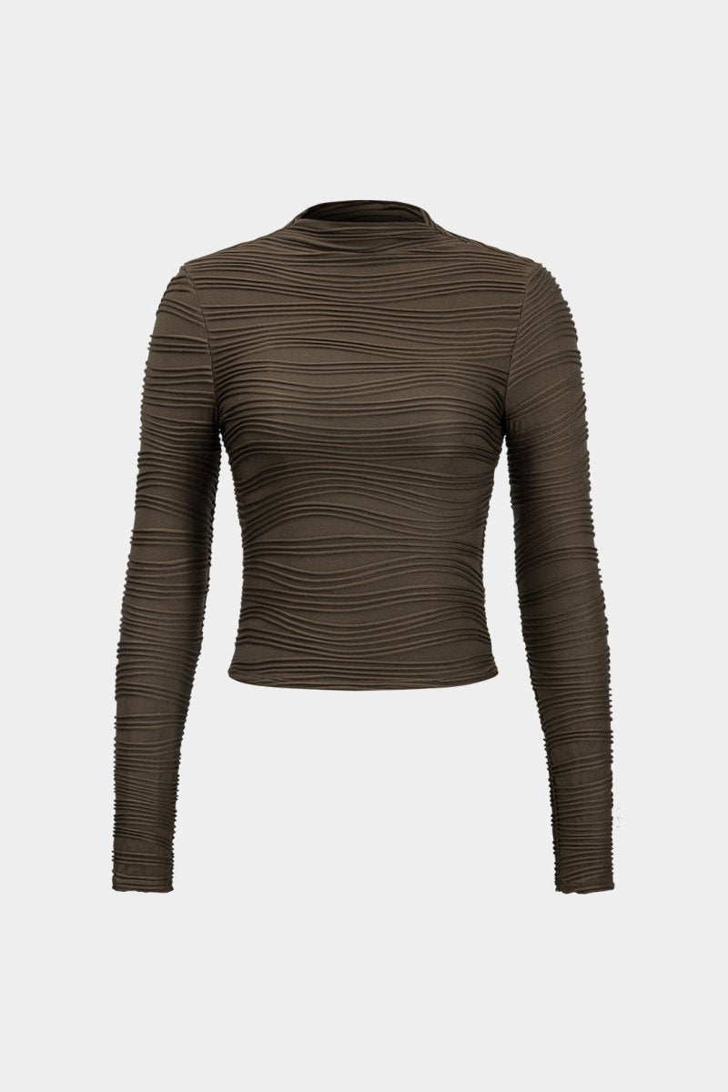 Basic Textured Long - Sleeve Top - MISMIMCWTL2411080145-BROWN-XS