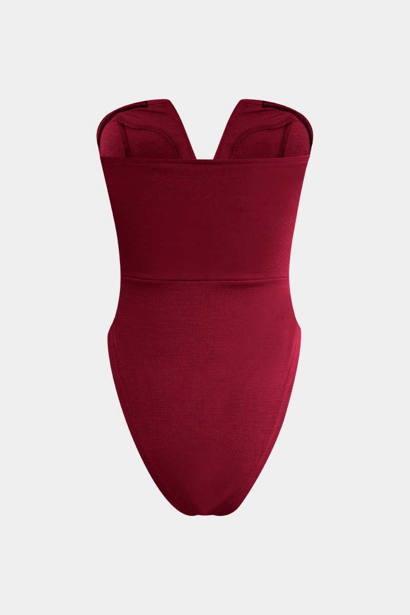 Basic V - neck Strapless Bodysuit - MISMIMCWTO2401250002-BURGUNDY-S