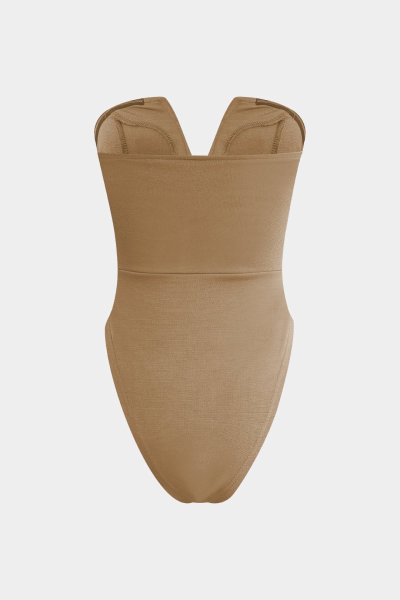 Basic V - neck Strapless Bodysuit - MISMIMCWTO2401250002-LIGHT BROWN-S