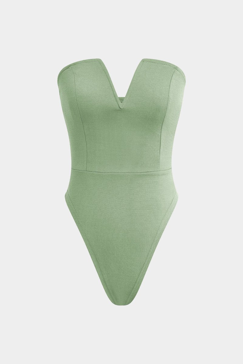 Basic V - neck Strapless Bodysuit - MISMIMCWTO2401250002-LIGHT GREEN-S