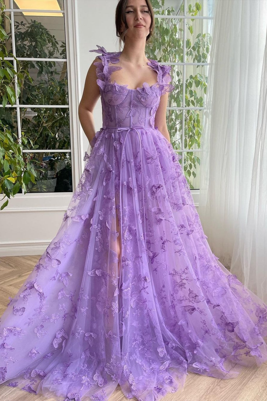 Sheer Tulle Spaghetti Strap High Slit Party Dress