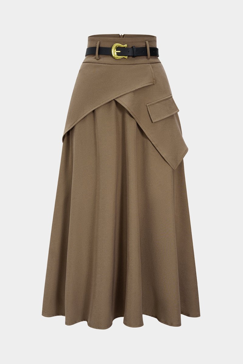 Belted Asymmetrical Ruched High Waist Skirt - MISMIMCWBK2508210088-KHAKI-XS