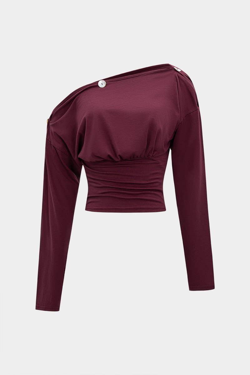 Button Asymmetrical Neck Long - Sleeve Top - MISMIMCWTL2508230026-BURGUNDY-S