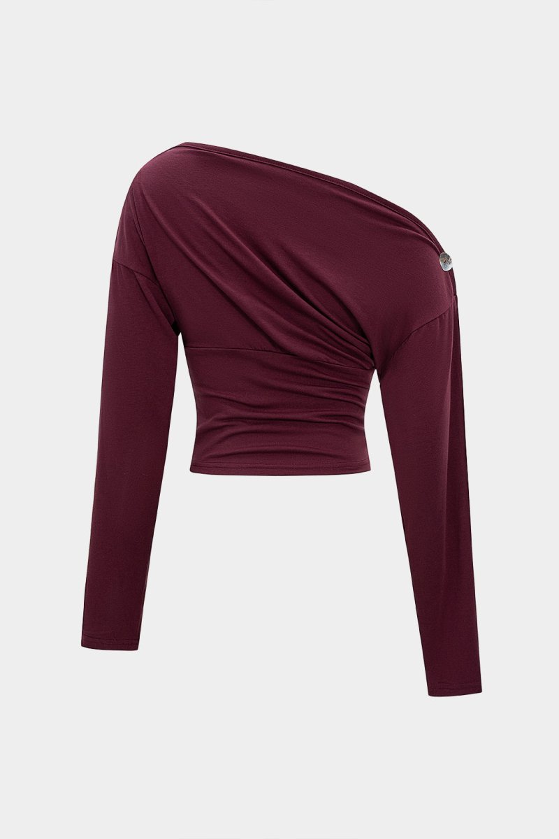 Button Asymmetrical Neck Long - Sleeve Top - MISMIMCWTL2508230026-BURGUNDY-S