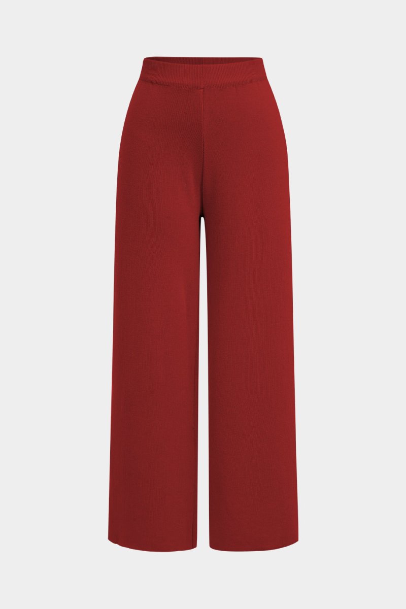 Button Detail Knit Cardigan And Wide - Leg Pants Set - MISMIMCWSC2409290101-RED-S