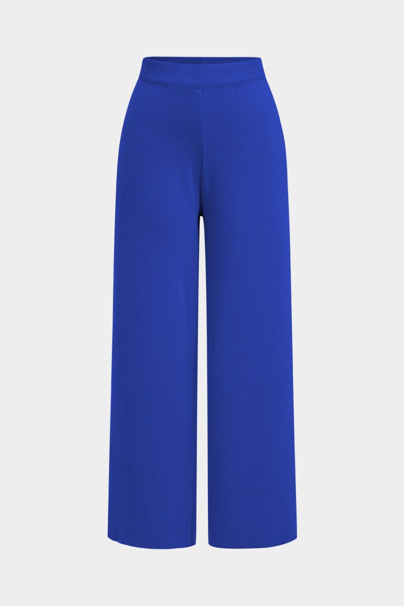 Button Detail Knit Cardigan And Wide - Leg Pants Set - MISMIMCWSC2409290101-BLUE-S