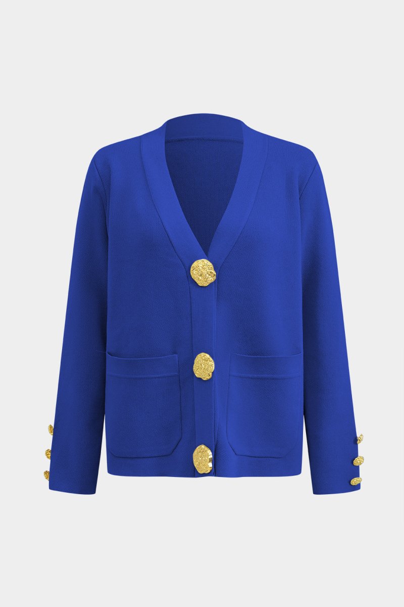 Button Detail Knit Cardigan And Wide - Leg Pants Set - MISMIMCWSC2409290101-BLUE-S